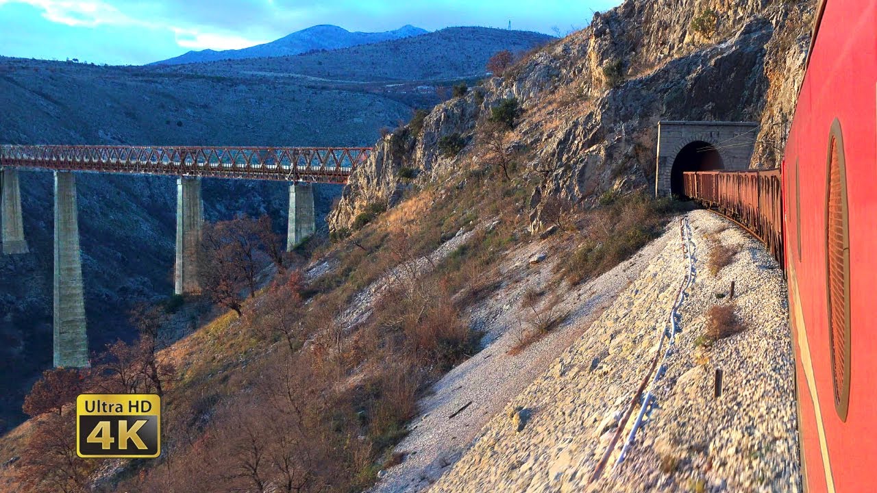 The Morača river canyon - Banker locomotive pushes freight train high into the Montenegrin mountains