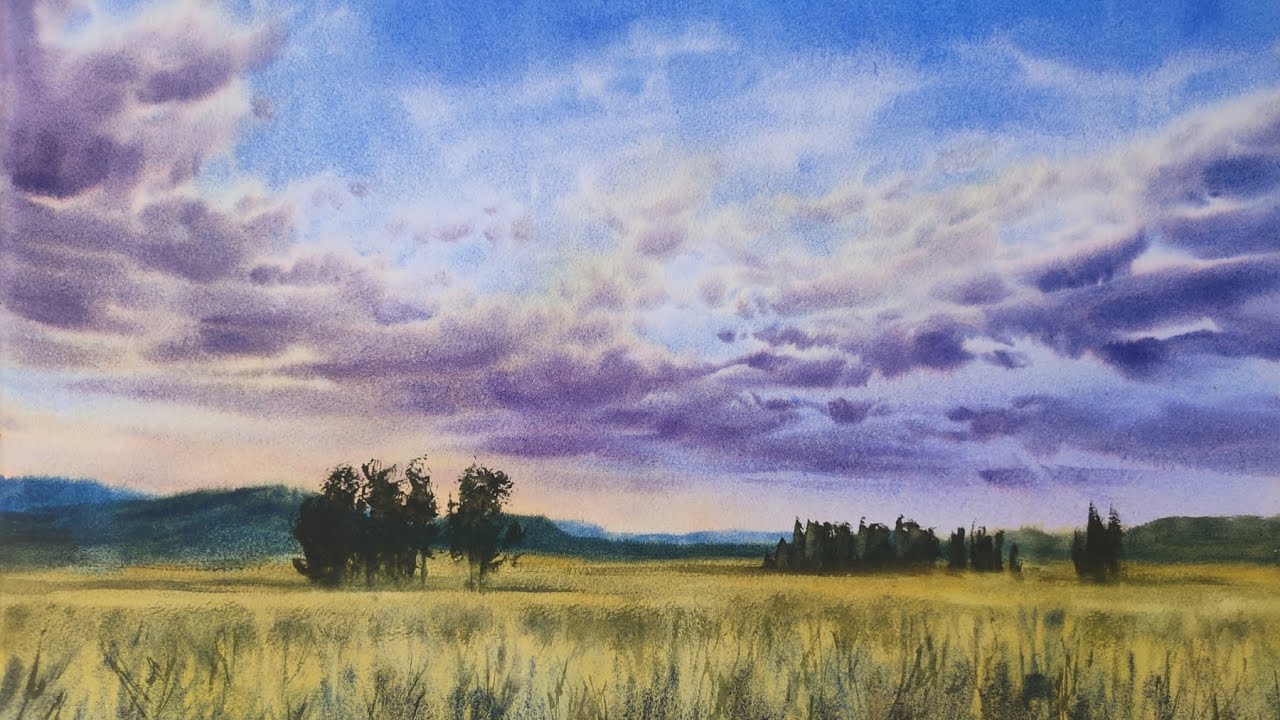 Cómo pintar nubes de atardecer y un prado con texturas en ACUARELA