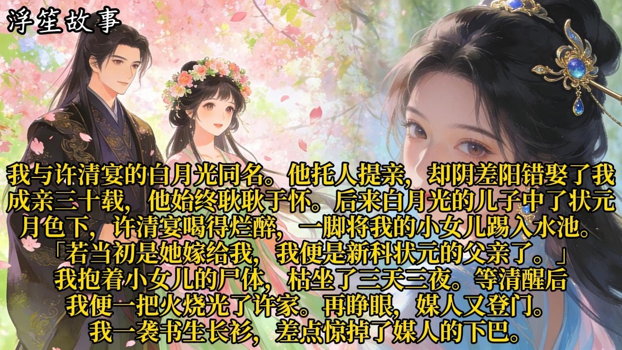 我与许清宴的白月光同名。他托人提亲，却阴差阳错娶了我。成亲三十载，他始终耿耿于怀。#重生 #大女主 #复仇 #宫廷 #夺权 #古风 #小说