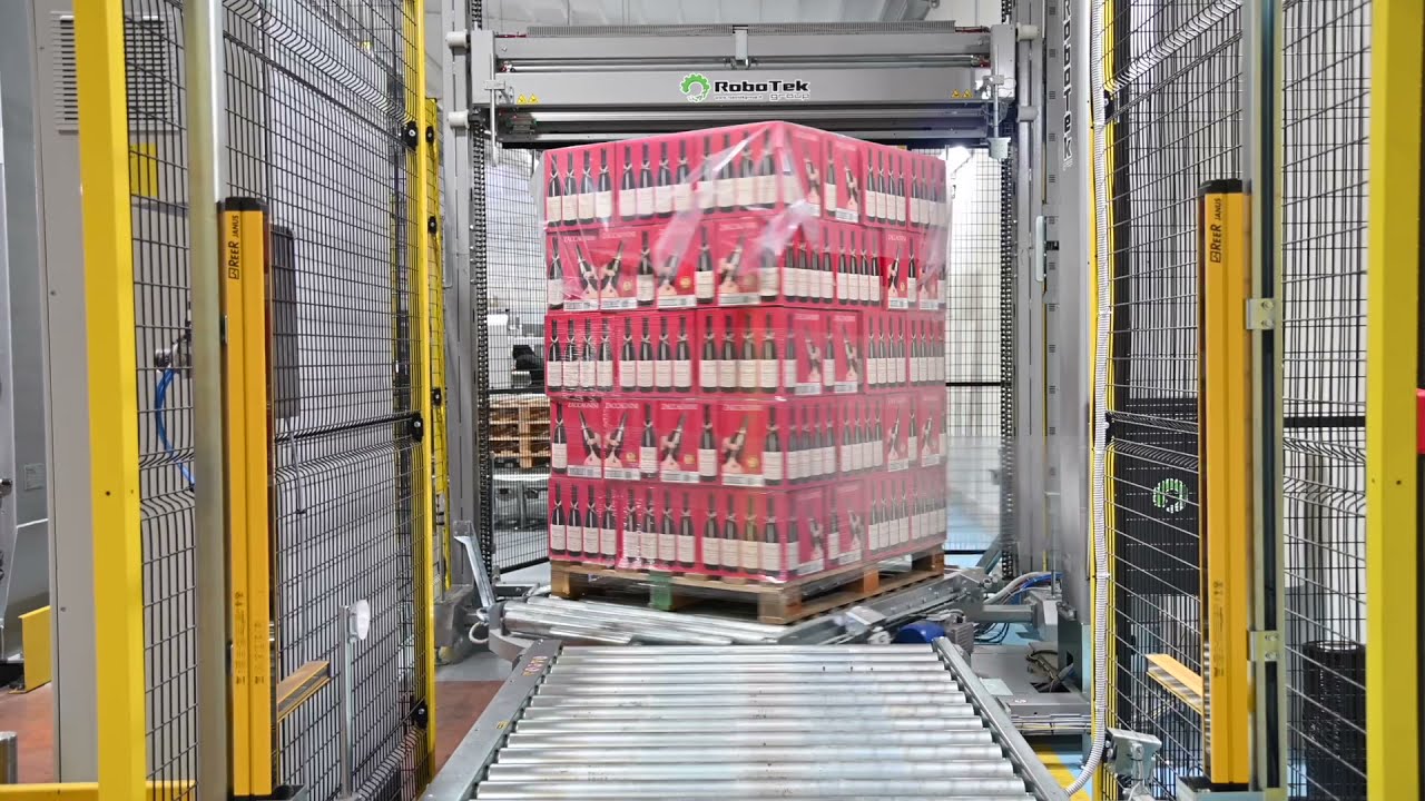 Linea di pallettizzazione Scatole Vino con Giove, Avvolgitura e Top Cover