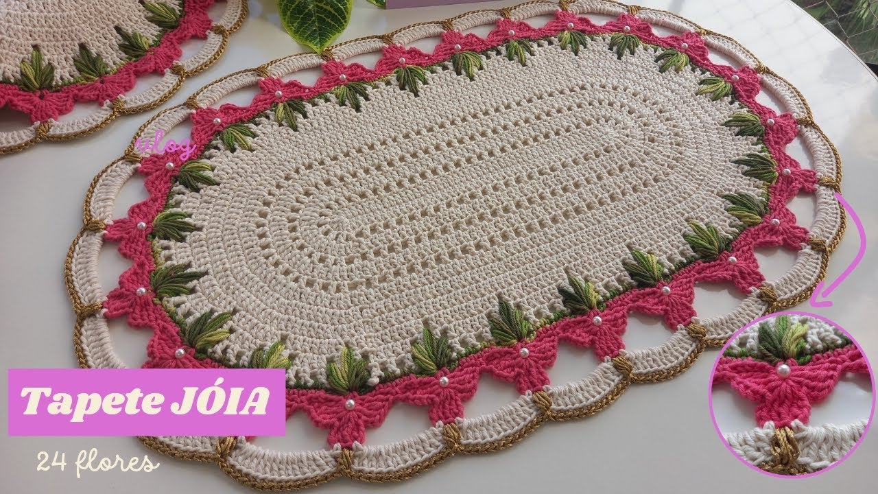 Tapete Jóia oval 24 flores em crochê