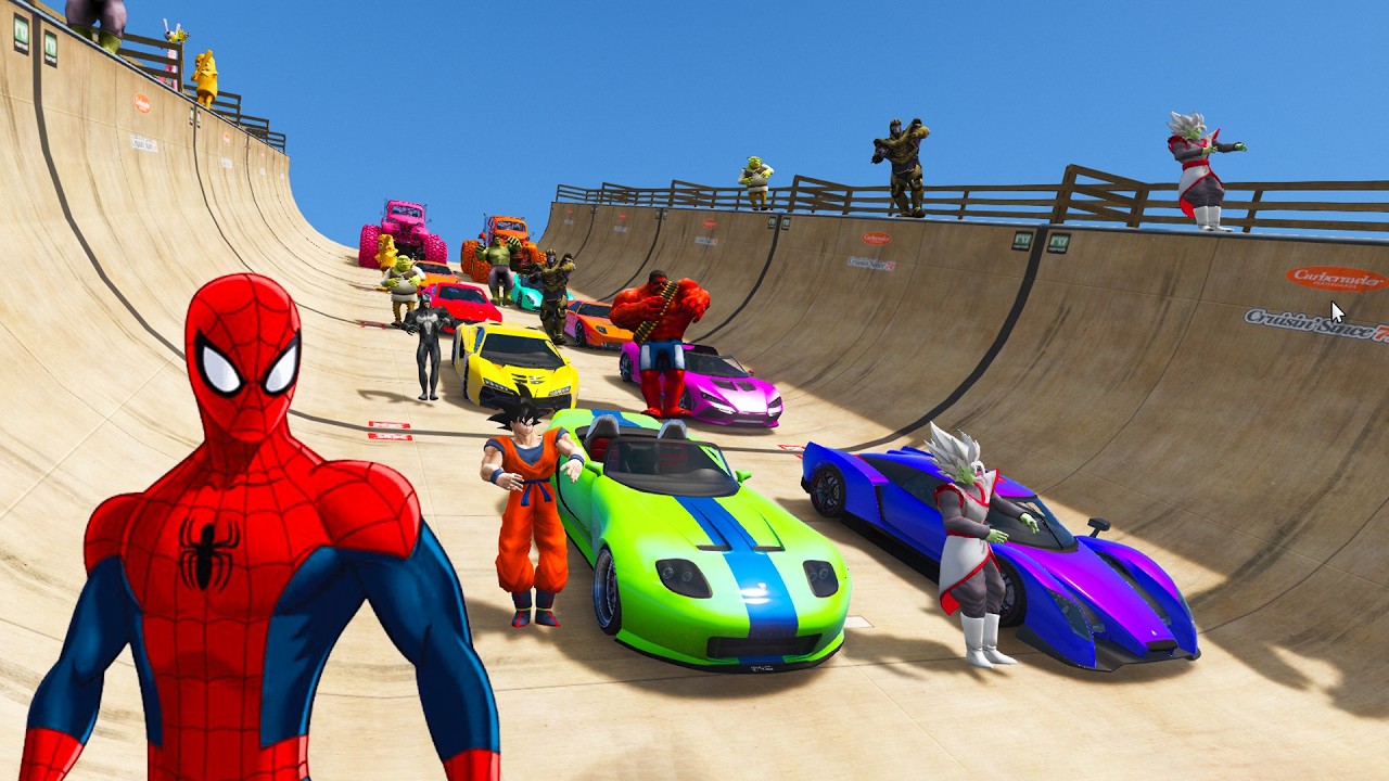 Epic challenge jump Ramp Mount Chiliad Spiderman BMW Cars Audi Monster Truck GTA V