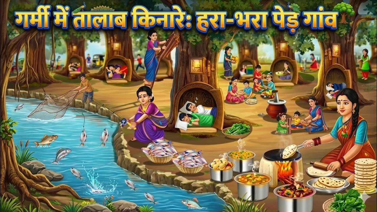 गर्मी में तालाब के किनारे पेड़ का गांव || cartoon story ||#story #kahani 
