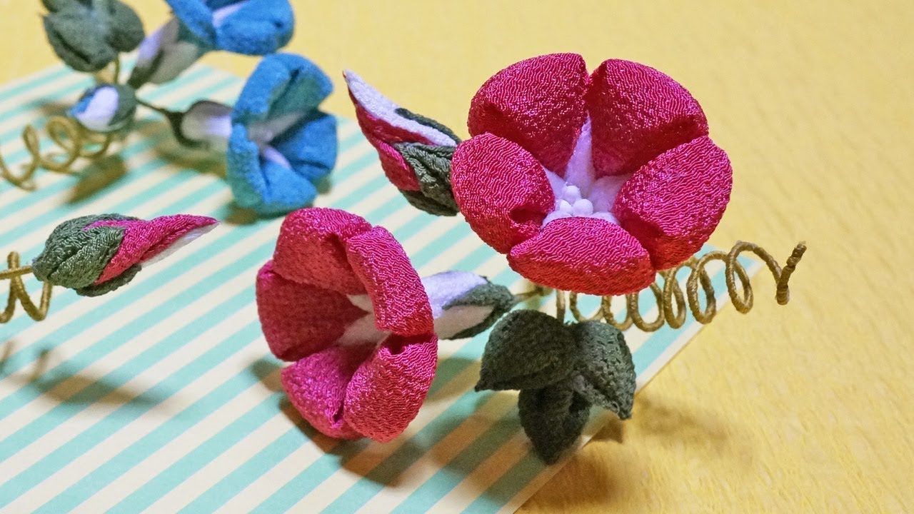 つまみ細工/どこから見ても朝顔part2/リアルな朝顔を作る/アサガオの作り方/kanzashi flower/vol.28