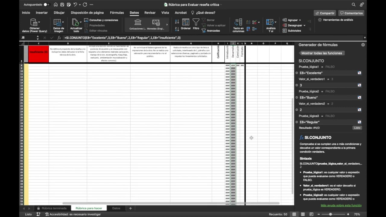 Crear una rúbrica automatizada en excel