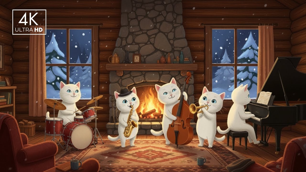 Kitty Cats Deep Focus Snowy Night Jazz: Cozy Productivity Background Music