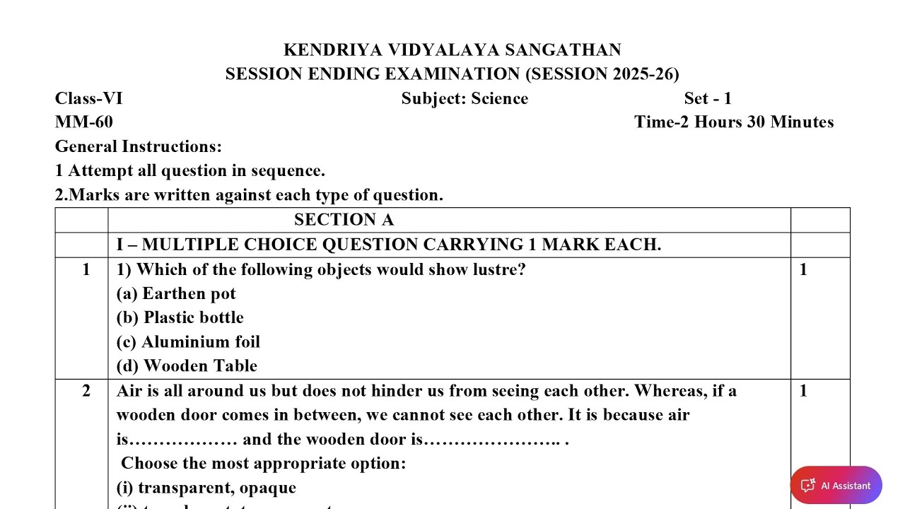 Class-6 Science / Annual Exam 2026 Question Paper Session Ending PM SHRI KV Term2 SEE 2025-26