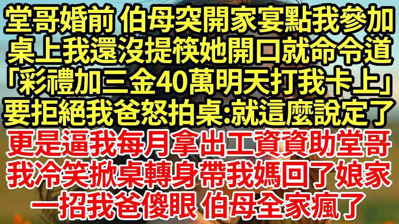 堂哥婚前 伯母突開家宴點我參加,桌上我還沒提筷她開口就命令道「彩禮加三金40萬明天打我卡上」要拒絕我爸怒拍桌:就這麼說定了,更是逼我每月拿出工資資助堂哥,我冷笑掀桌轉身帶我媽回了#為人處世#養老#中年