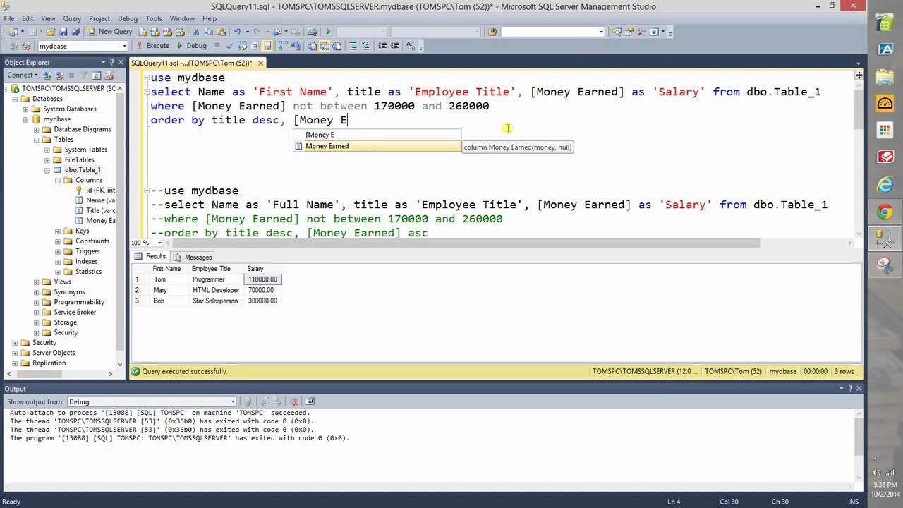 Write SQL Query with Column Aliasing and Order by multiple Columns