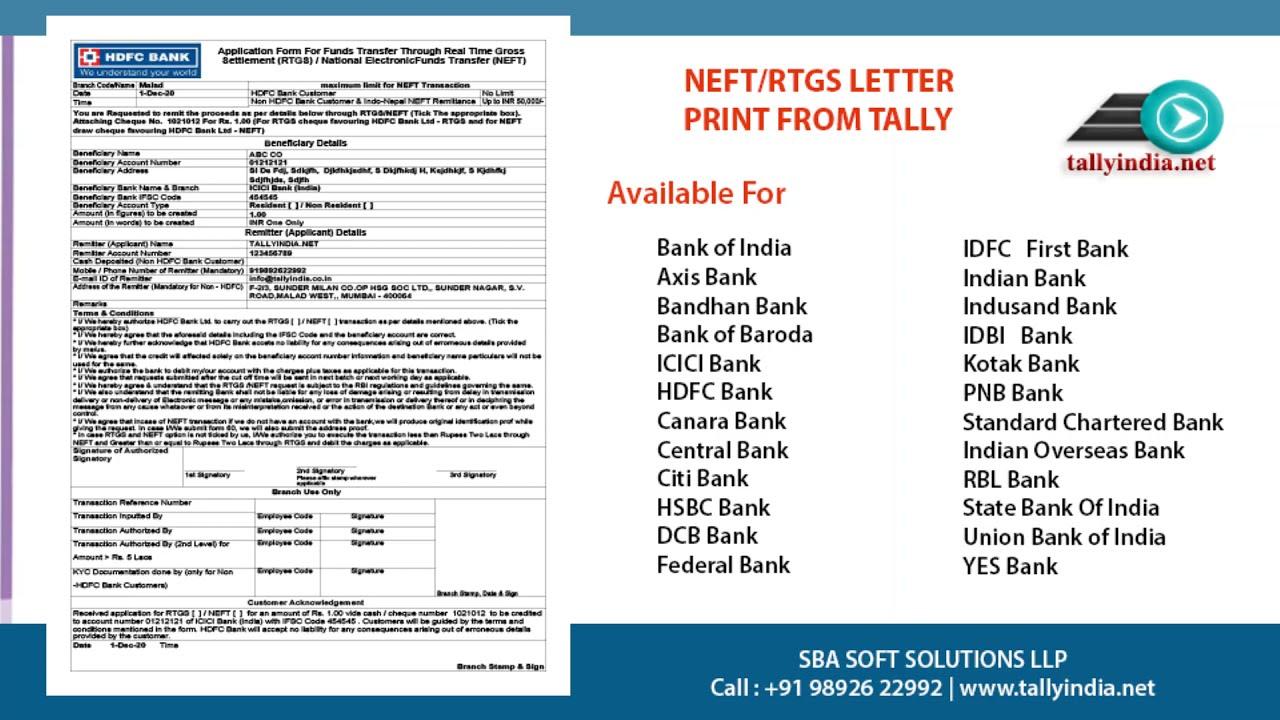 NEFT/RTGS LETTER PRINT FROM TALLY