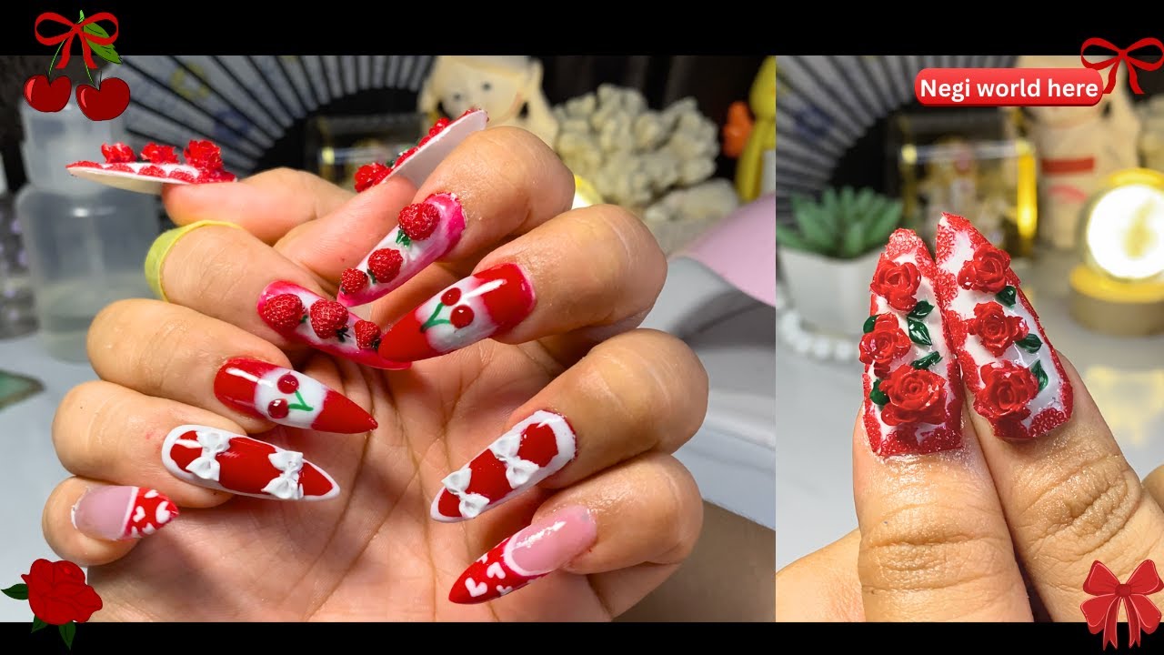 The CUTEST Valentine Nails 💘🍓 3D Roses + Cherry Nails Tutorial (ASMR)