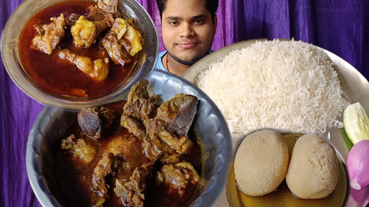 Rice, Spicy Mutton Curry And Nolen Gurer Rosogolla Eating. আলু দিয়ে রেয়াজি খাসীর ঝোল আর গরম ভাত।