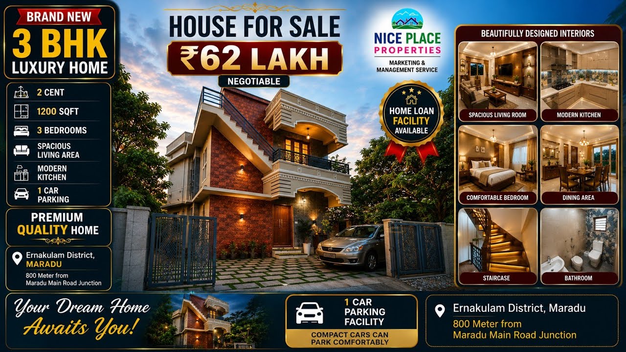 2 Cent's land 1200 sqft 3 bhk brand new house for sale ₹ 65 lakhs #maradu #ernakulam