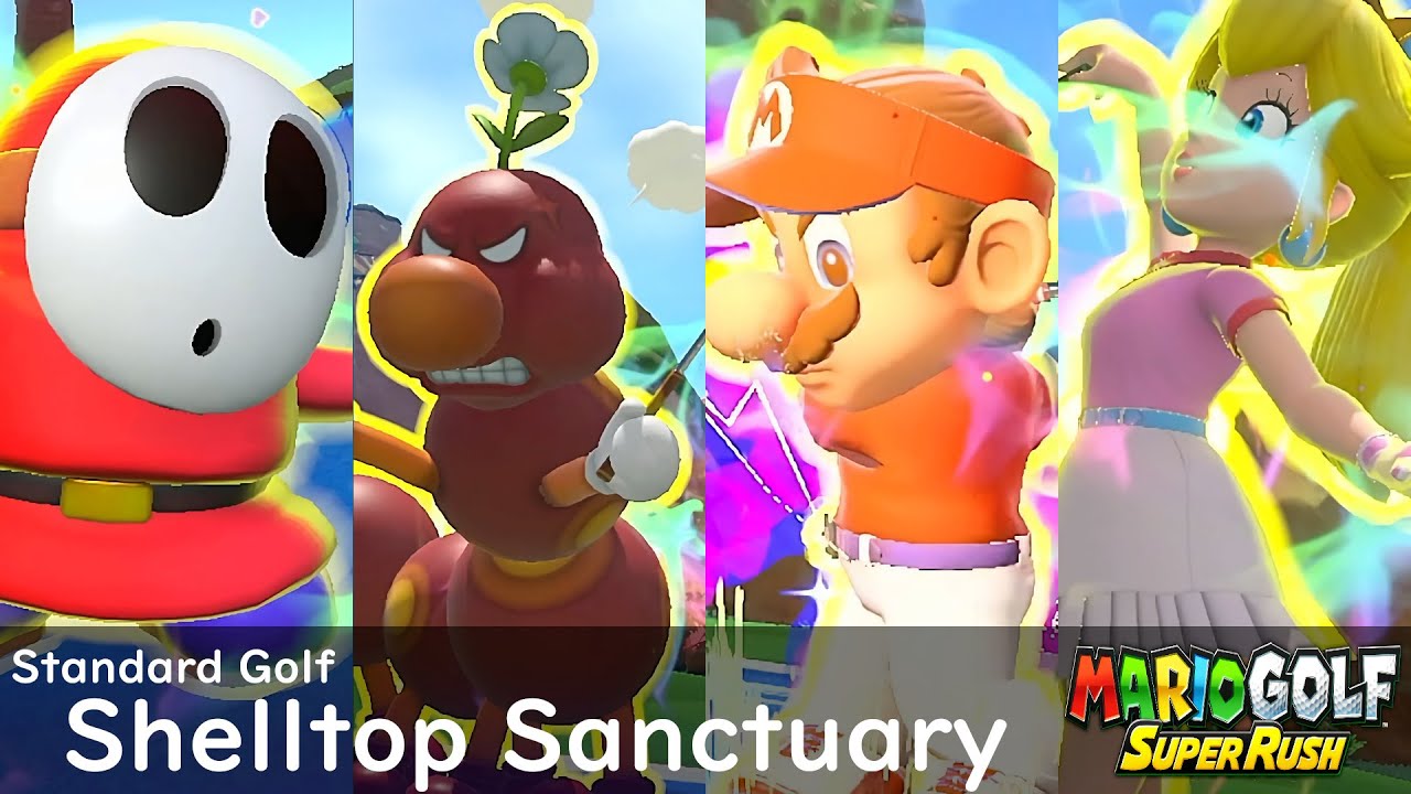 Mario Golf Super Rush Shy Guy vs Wiggler vs Mario vs Peach in Shelltop Sanctuary