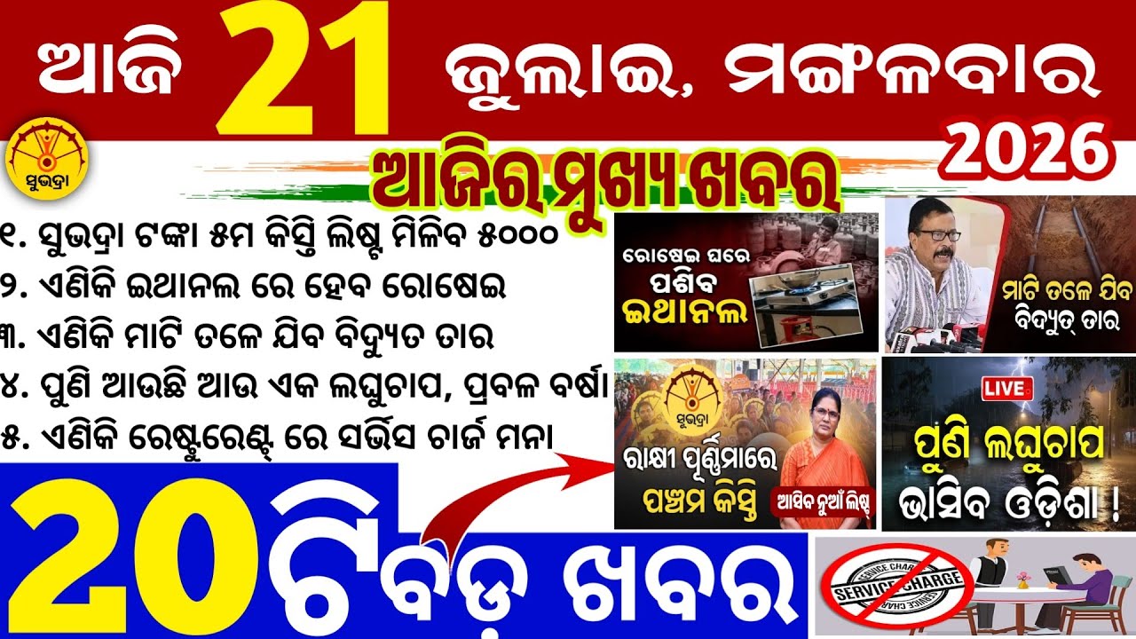 Today's Odia News/21 July 2026/Odisha news/subhadra yojana 5th/PM kisan yojana/odisha news today