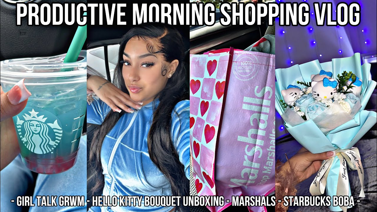PRODUCTIVE MORNING SHOPPING VLOG *grwm, hello kitty bouquet, marshals haul, Starbucks boba*
