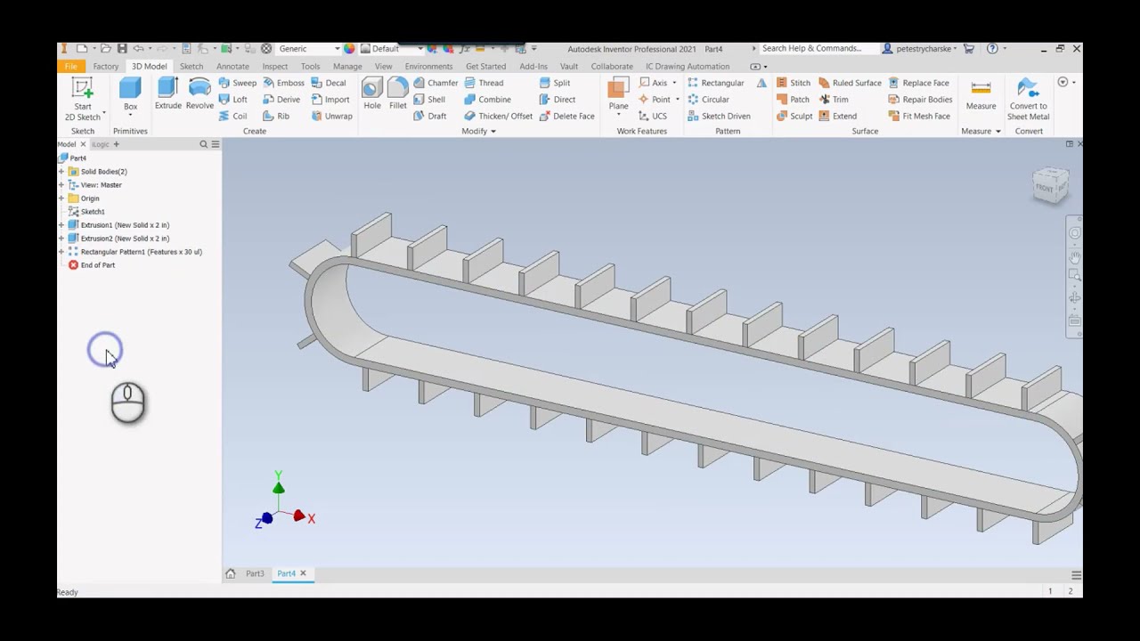 Inventor - How to Model a Cleated Belt (Control Pattern Orientation Around a Curve)