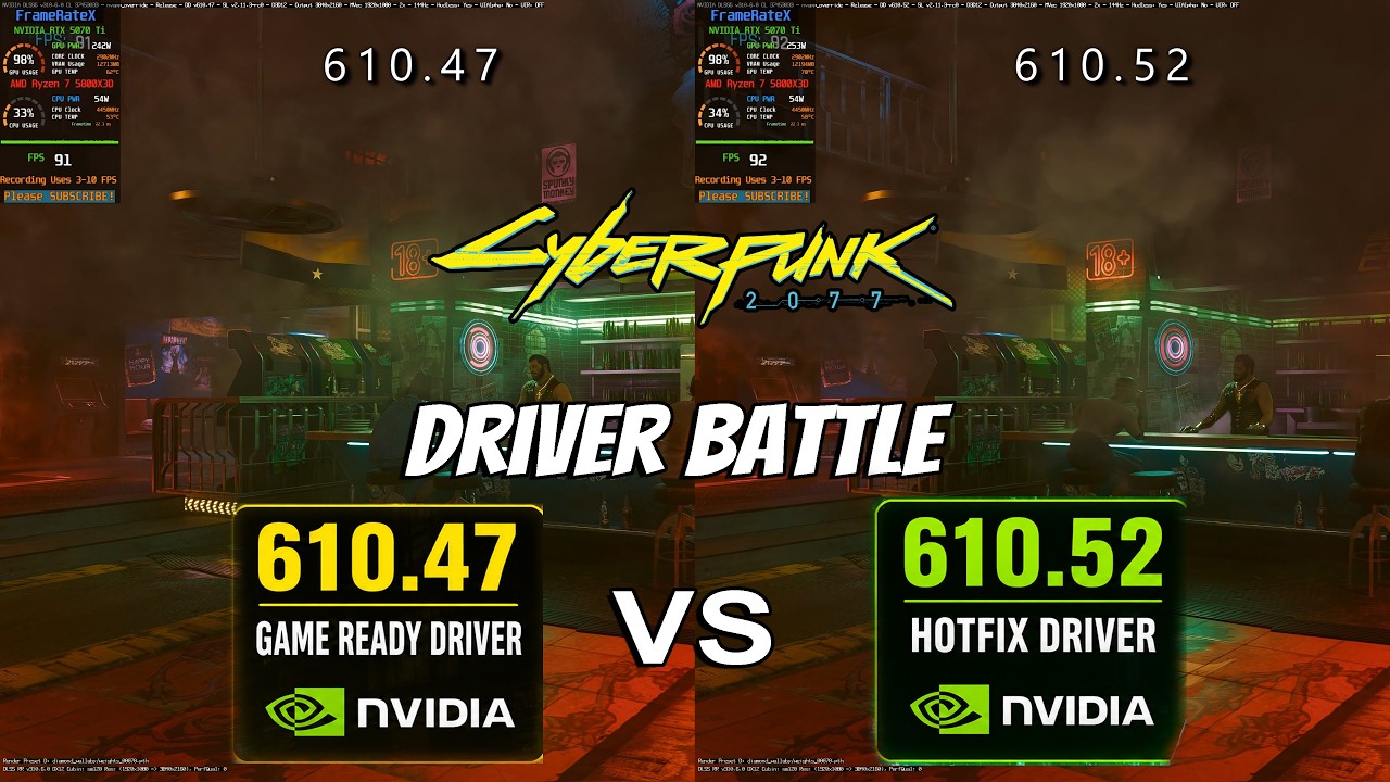 New NVIDIA 610.52 HotFix Driver vs 610.47 Game Ready Driver | Cyberpunk 207 4K - RTX 5070 Ti