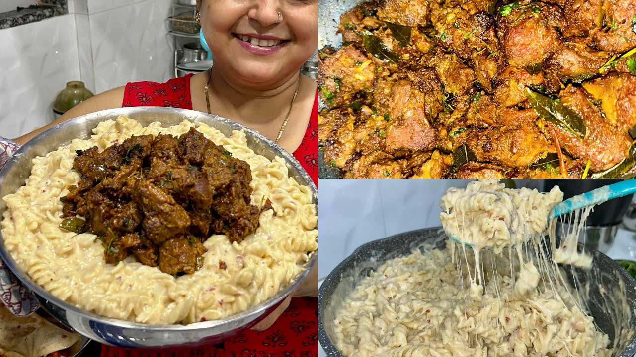 CHEESY WHITE SAUCE PASTA RECIPE AND SPICY MUTTON SUKHA RECIPE