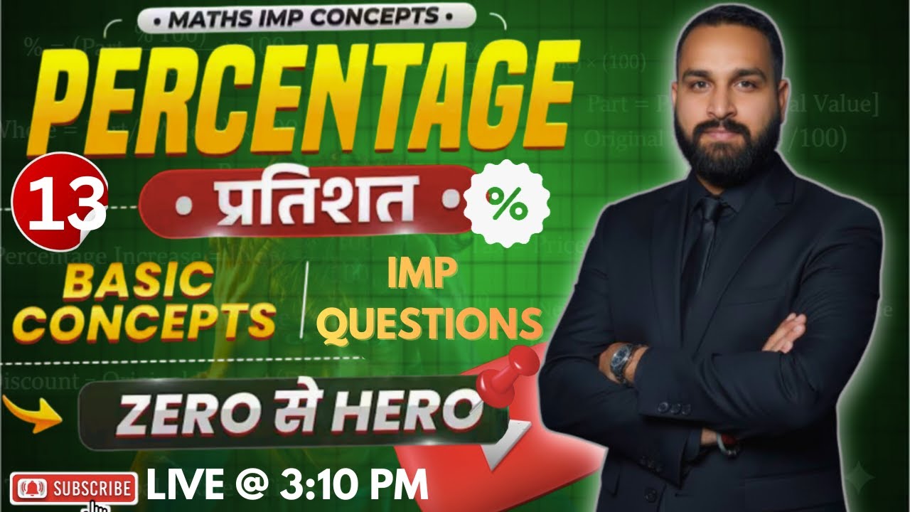 Percentage (प्रतिशत)  CLASS - 13 Basic Concepts + IMP Questions 🔥 by Ankit  Sir Maths | SSC MATHS