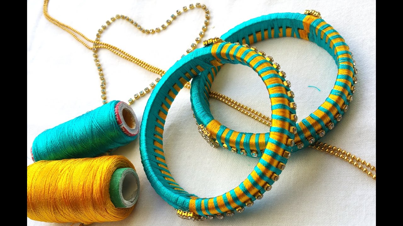 How to make silk thread bangles with gold drop chain # multi color threads