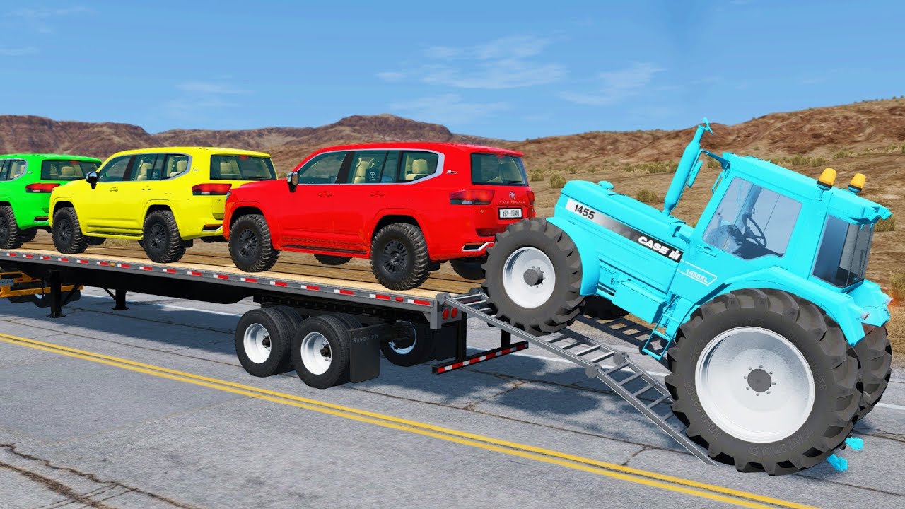 Triple Flatbed Trailer McQueen Transportation with Truck - Speedbumps vs Cars vs Train - BeamNG #300