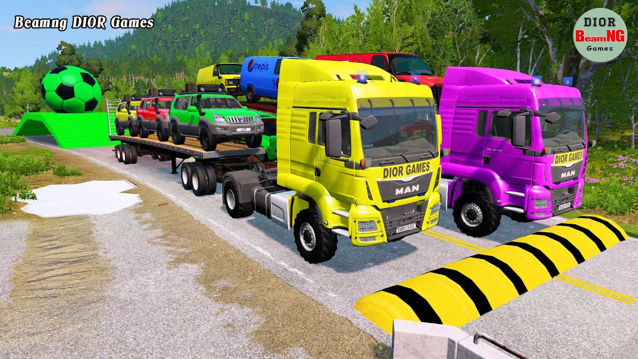 Double Flatbed Trailer Truck vs speed bumps|Busses vs speed bumps|Beamng Drive|445