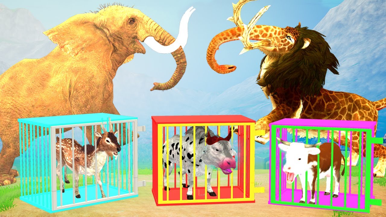 Monster Lion Mammoth Fight Bull, Giant Buffalo, Cow Cartoon Rescue Saved By Asian Elephant