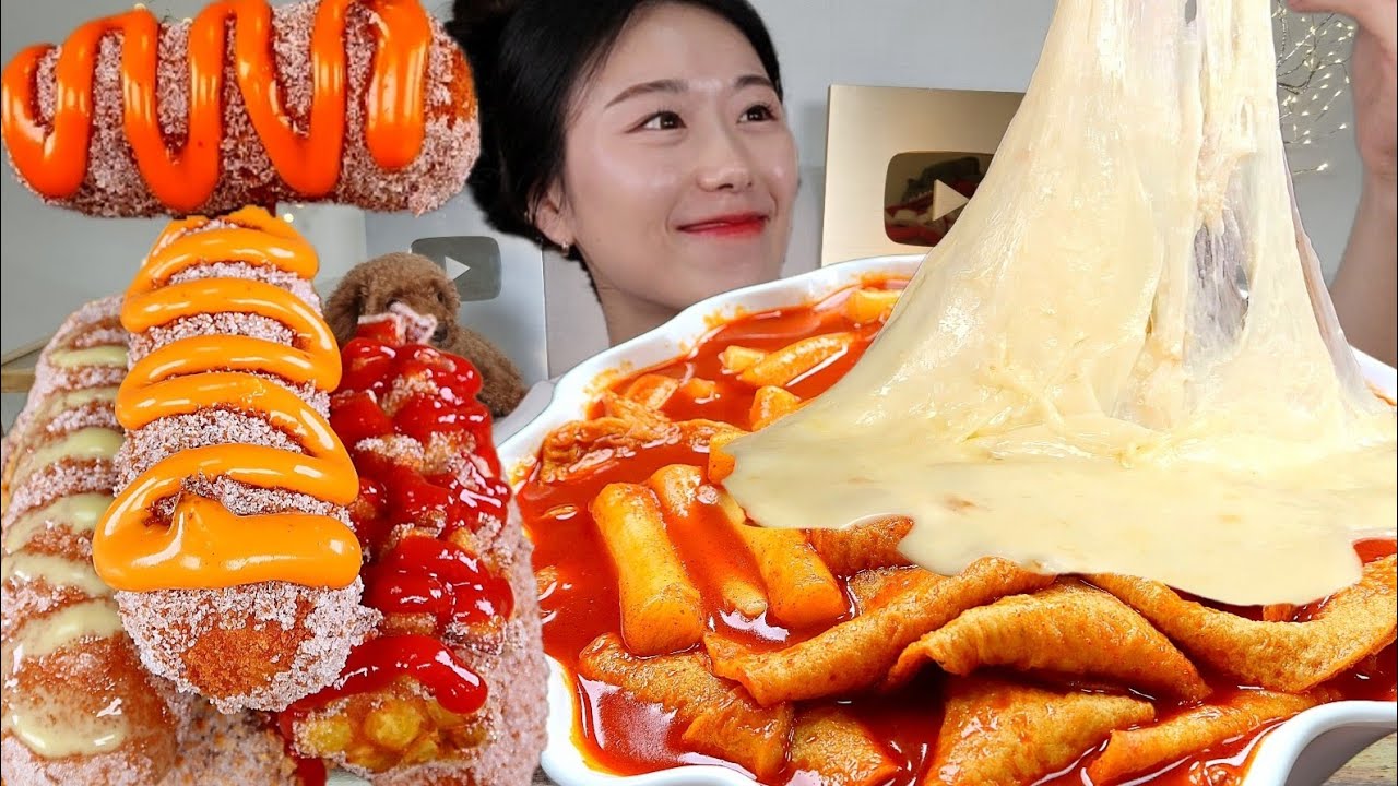 ASMR 설탕범벅 묻힌 핫도그 치즈 떡볶이에 찍어먹을게요*⸌☻ັ⸍* 분식 리얼먹방 :) Korean hot dog , Cheese tteokbokki MUKBANG