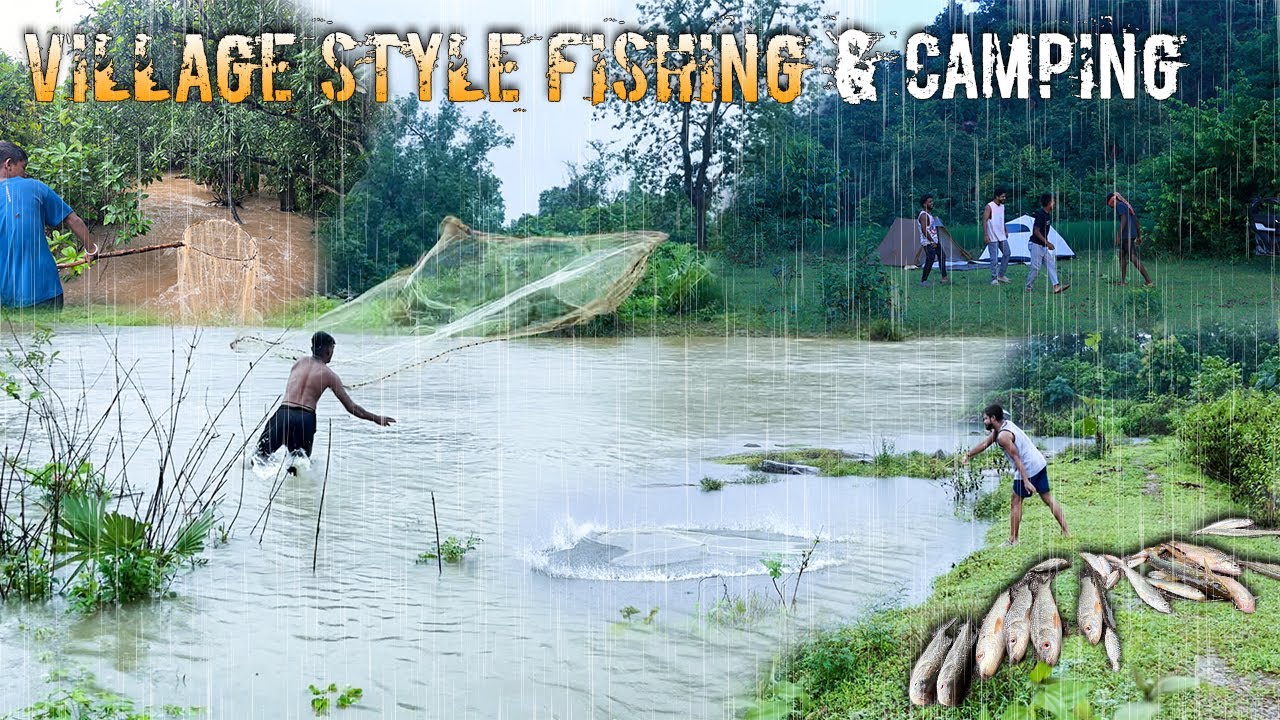 Group Camping and Fishing in Heavy Rain | Flood in Our Village