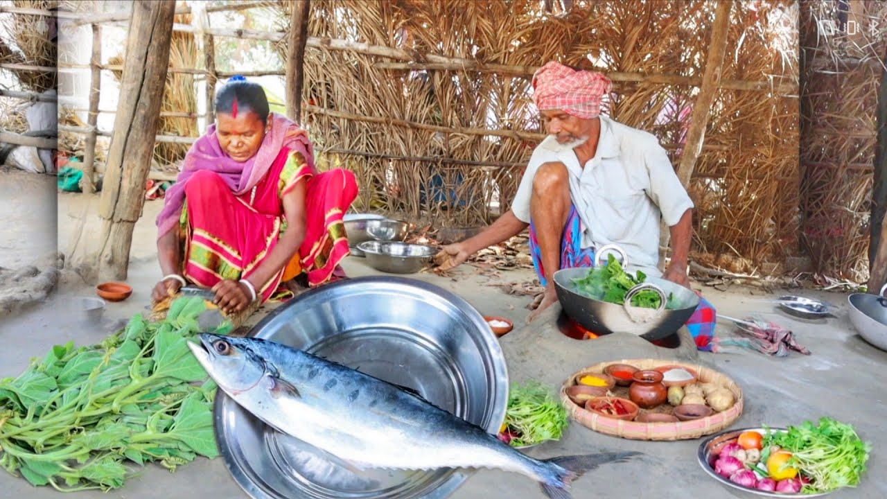 Sea FISH CURRY and LAUSHAK GHONTO cooking for eating with rice at lunch by our grandmaa