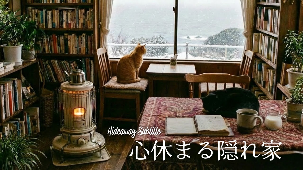 【猫とピアノBGM】雪降る海辺の隠れ家で、猫と暖まる冬の午後 ❄️ 心休まる癒やしのピアノ | Winter Hideaway