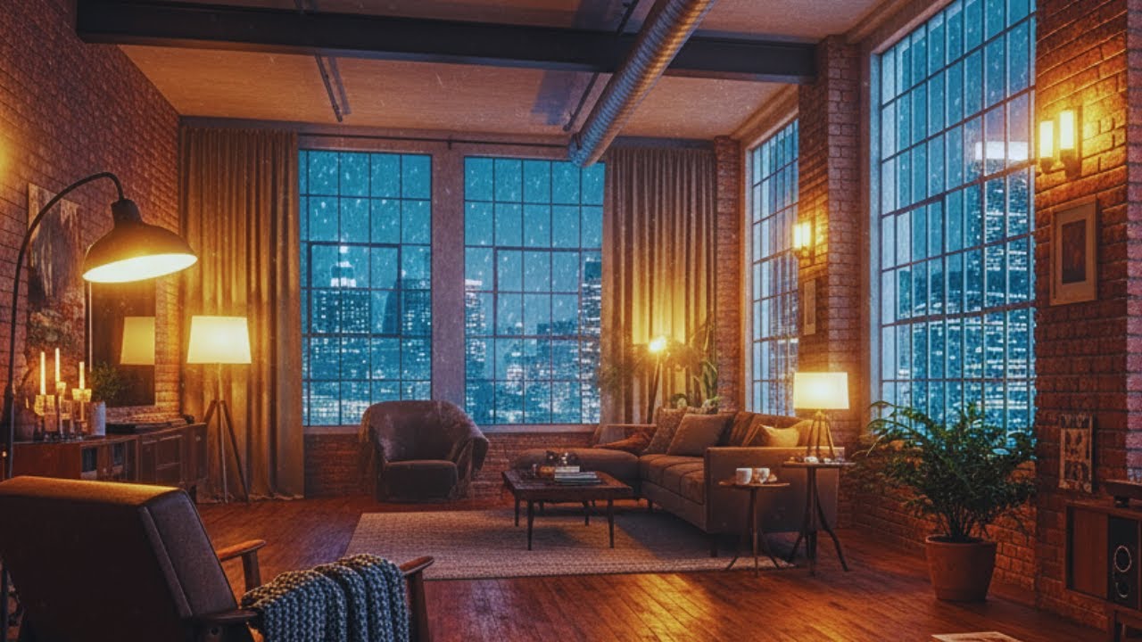 Winter Night in a NYC Loft – Snowfall, Fireplace & NYC Skyline Ambience (10 Hours)
