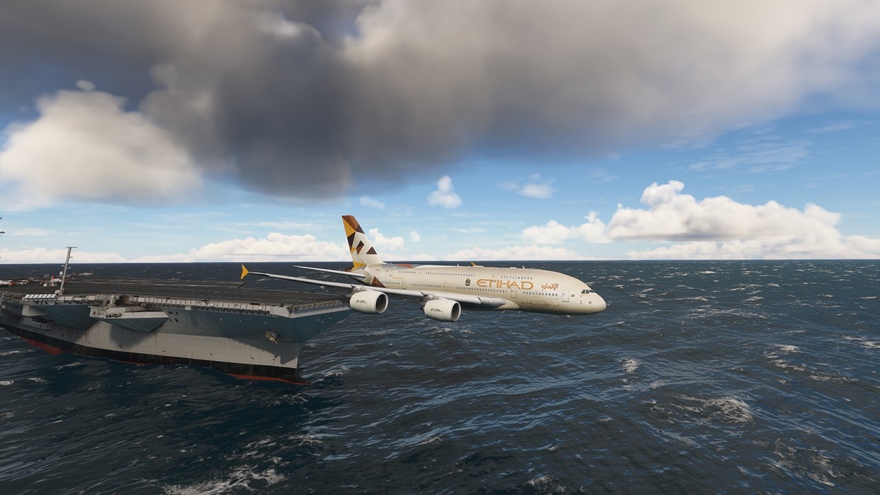 Etihad Airways Airbus A380 Takeoff on Aircraft Carrier with Dramatic Angle!