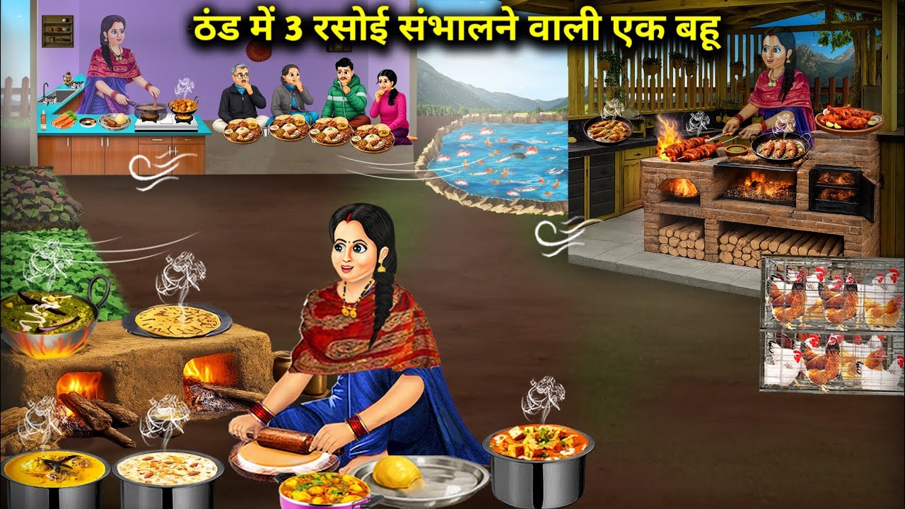 ठंड में 3 रसोई संभालने वाली एक बहू | A daughter-in-law managing three kitchens in the |Cartoon Video
