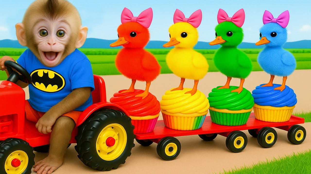 Macaco BONBON dirige um trator com bolos arco-íris e encontra patinhos passeando 🚜🧁🐥