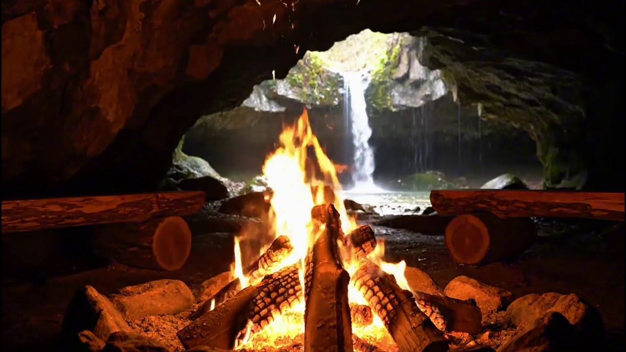 Tranquil Fire &  Gentle Cascade Background Ambience with Morning Birds | Cozy Hearth ASMR | Focus &