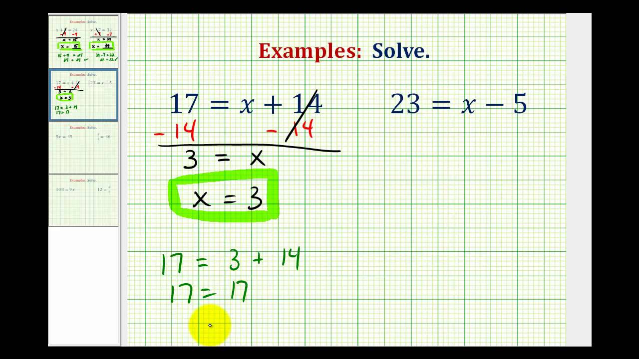 Ex:  Solve One Step Equations By Add. and Subtract. Whole Numbers  (Variable on Right)