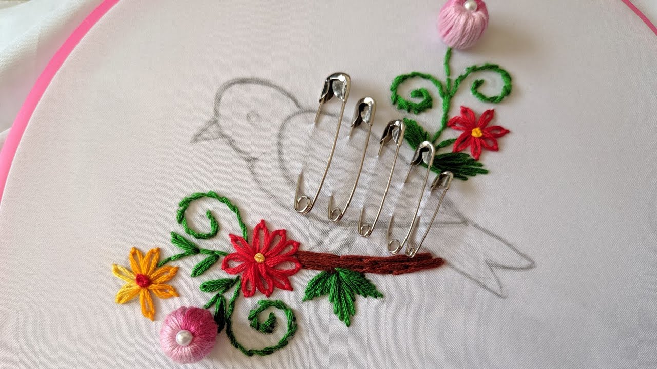 Hand Embroidery: Bird design trick with sefaty pin |New Hand Embroidery Bird design stitch