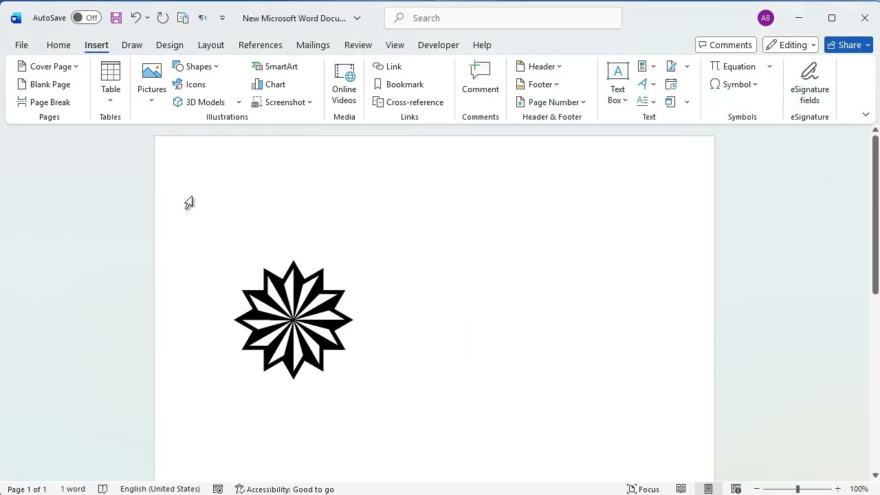 How to insert heavy twelve pointed pinwheel star in word