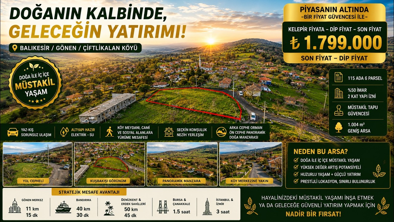 ACİL 1.004 m2 ÇİFTLİKALAN, DOĞA İÇİNDE, YOLA CEPHELİ İMARLI ARSA