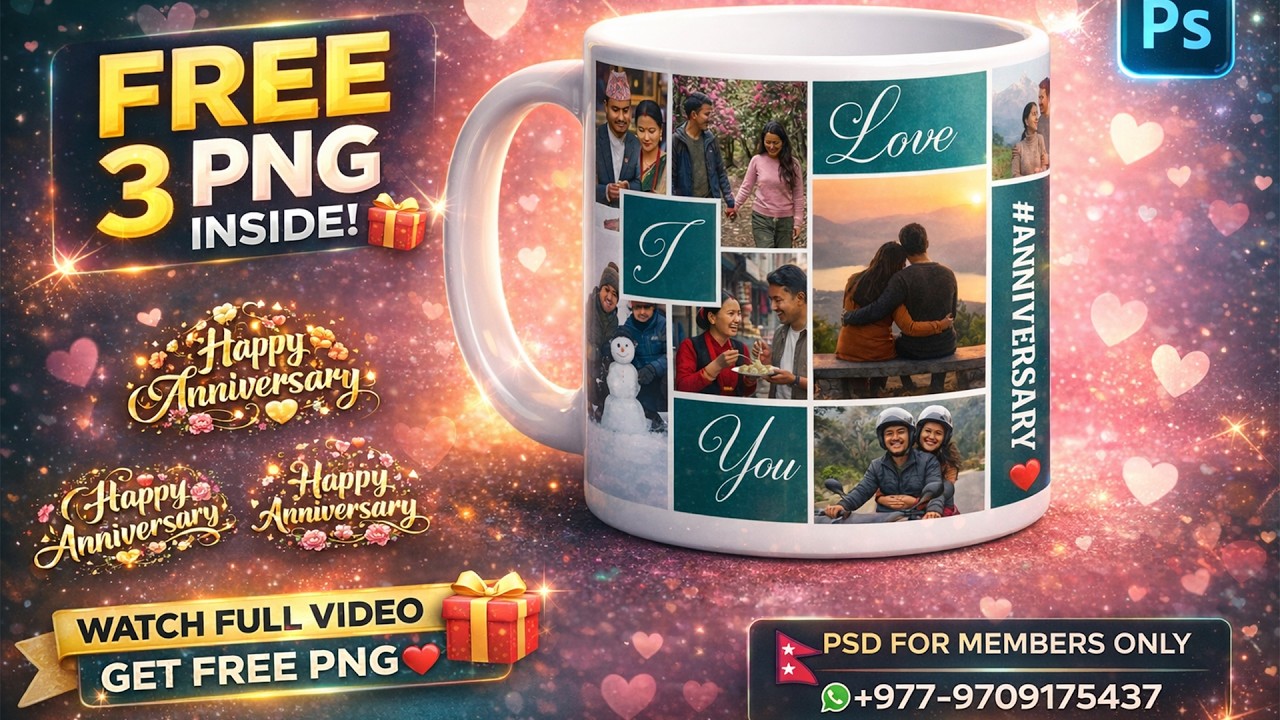 Happy Anniversary Mug Print Photoshop PSD Template Tutorial | Free PNG Download | MP-524