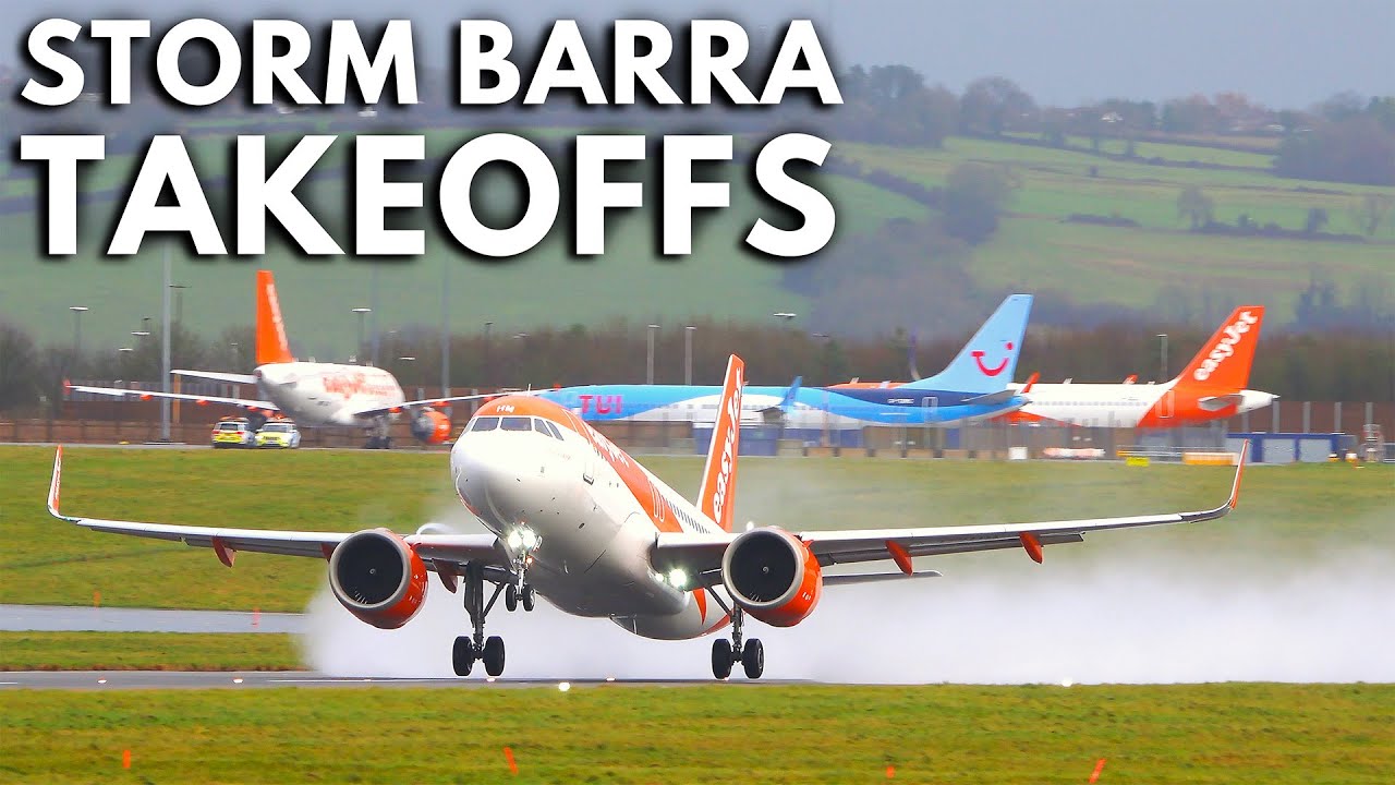 WET & WINDY TAKEOFFS on SOAKED RUNWAY during Storm Barra (AMAZING SPRAY!) | Bristol Airport + ATC 4K