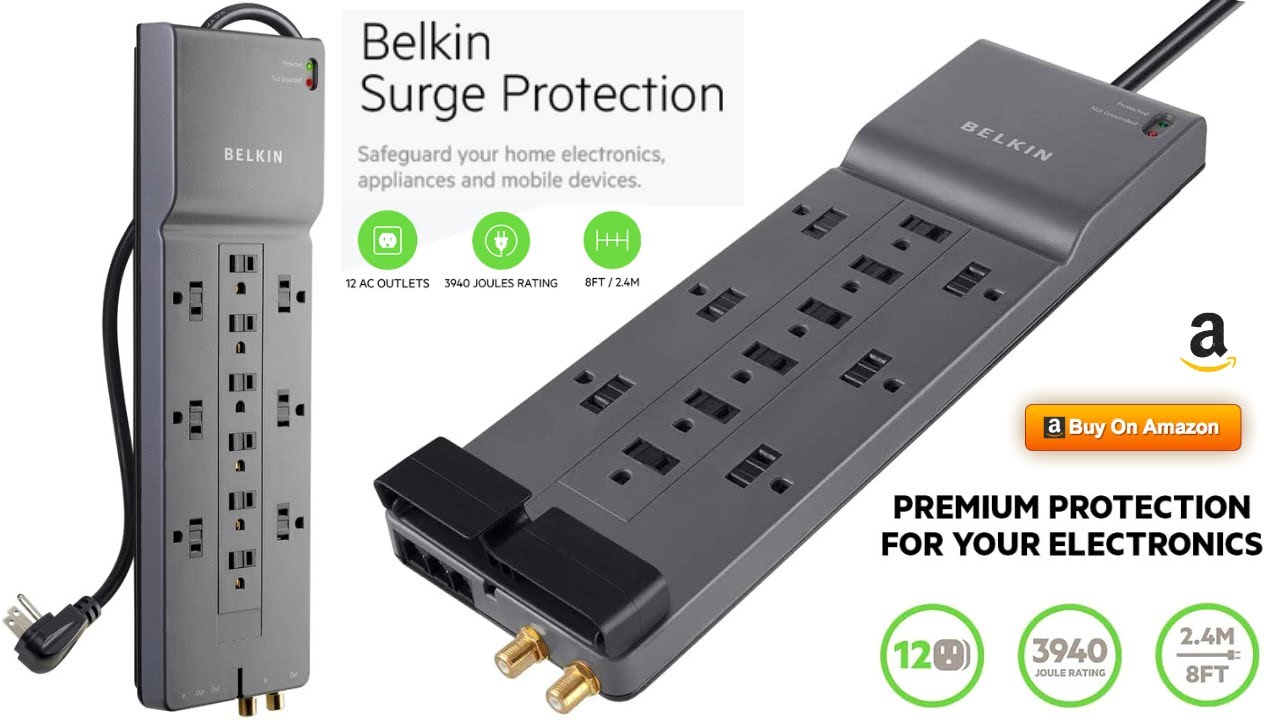 Belkin Power Strip Surge Protector-12 AC Multiple Outlets & 8 ft Long Flat Plug Heavy Duty Extension