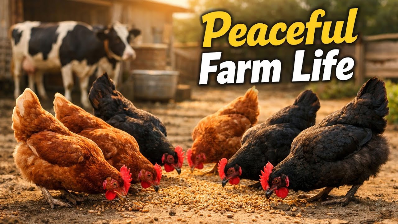 Red & Black Chickens Feeding Calmly at a Dairy Farm || Peaceful Farm Life
