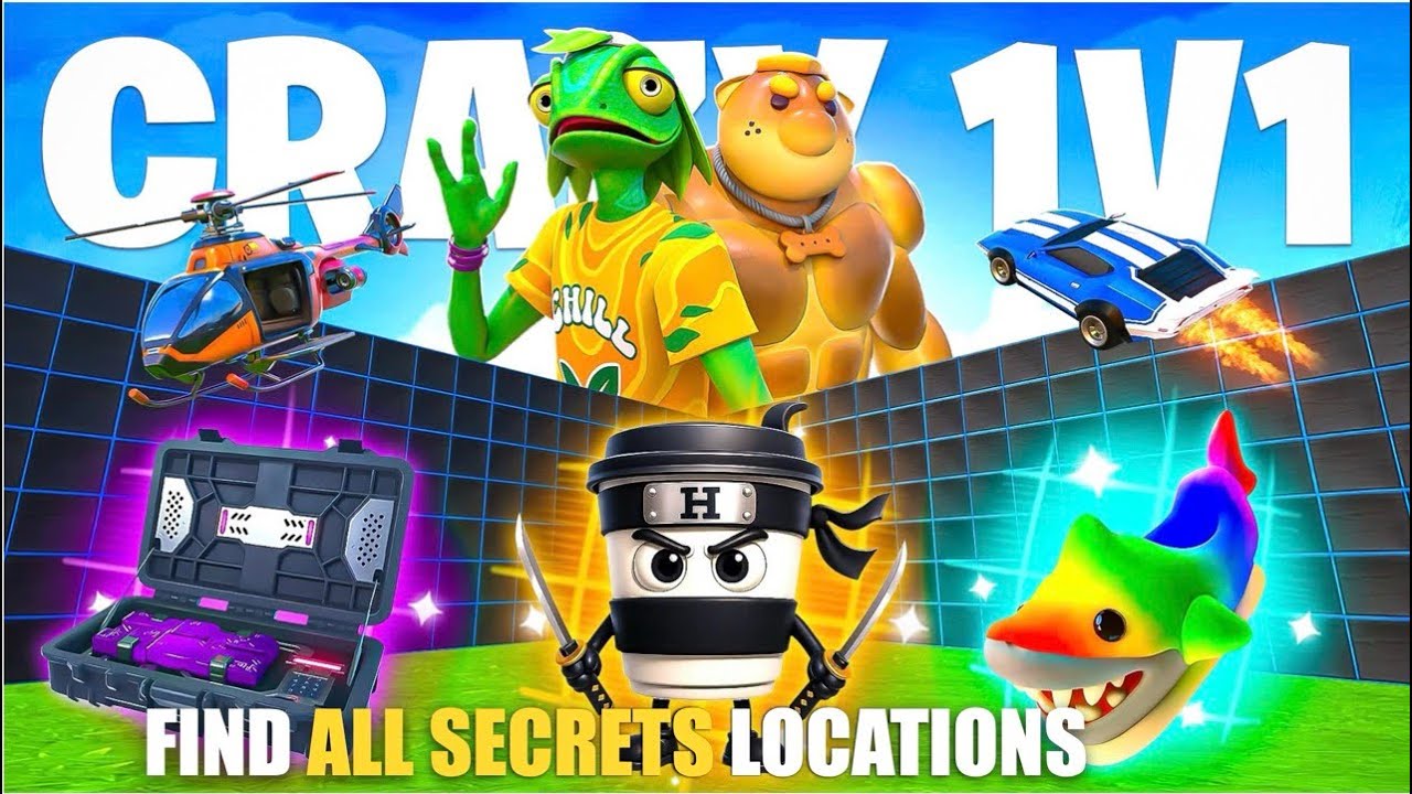 CRAZY 1V1 FFA ALL GUNS & RIDES MAP FORTNITE CREATIVE - ALL SECRETS LOCATIONS (SECRET CODE) PART 20