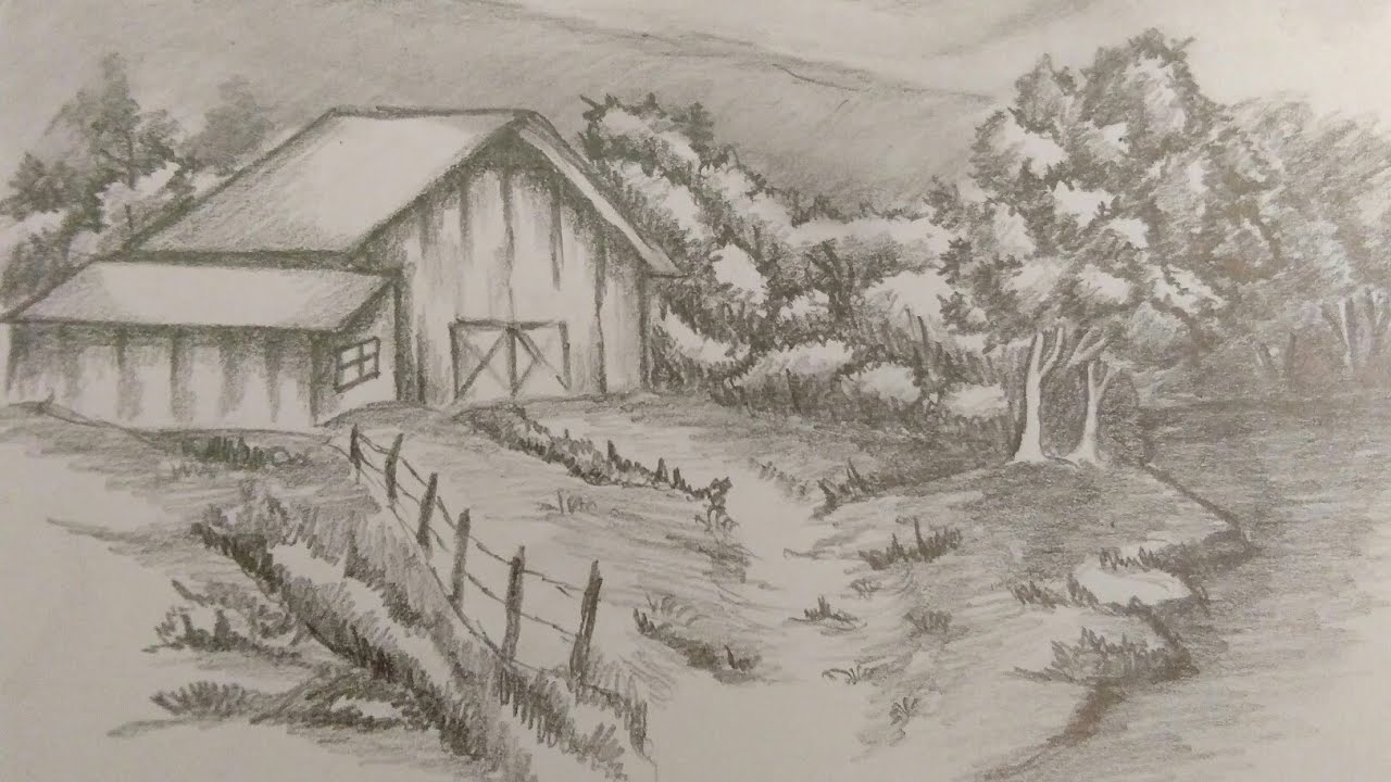 How to draw a Farmhouse Landscape | Pencil Art
