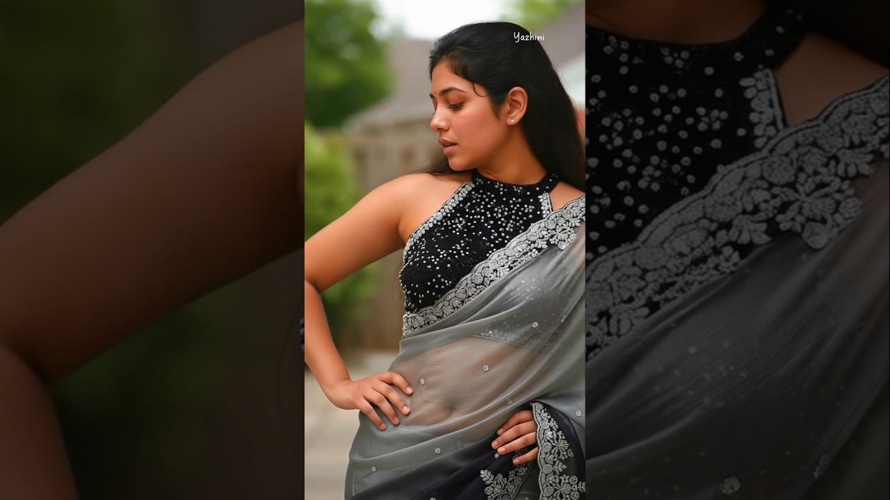 How to style like Yazhini ❤️🥻 | Beautiful Sheer Net Grey Saree with Black Halter neck Blouse