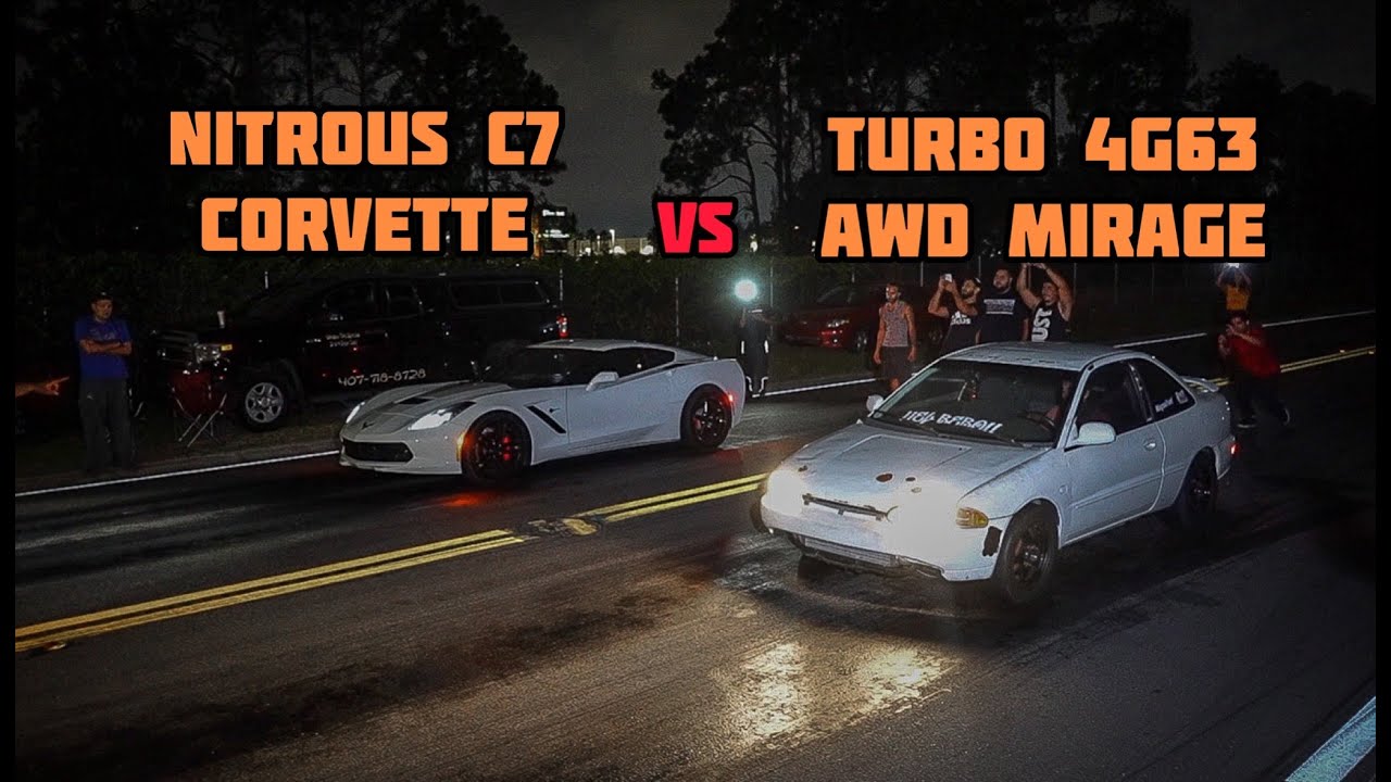 AWD 4G63 TURBO SWAPPED MITSUBISHI MIRAGE VS NITROUS C7 CORVETTE | C.F.RACING