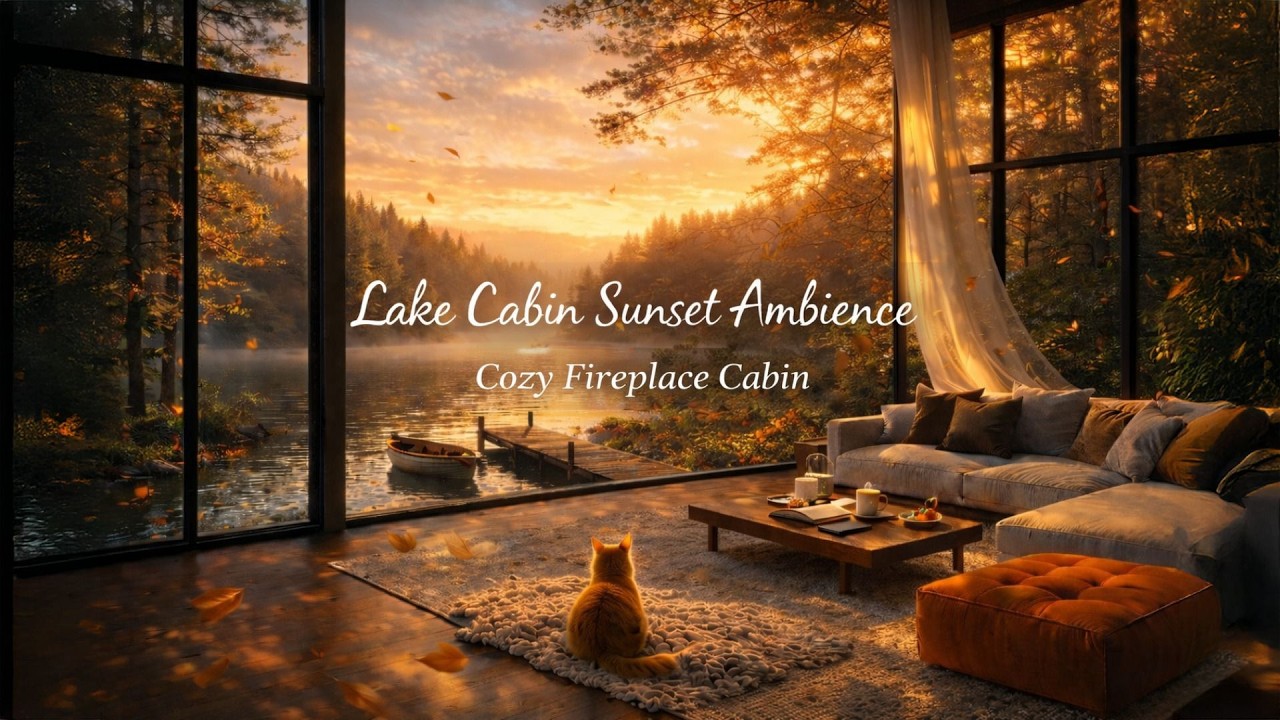 Lake Cabin Sunset Ambience 🌅 Cozy Window View with Soft Piano | Cozy Fireplace Cabin